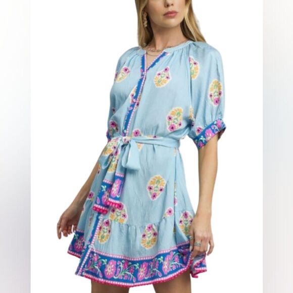 UMGEE USA Floral Print Tie Waist Short Sleeve Dress Blue Dress sz Small - Picture 2 of 8